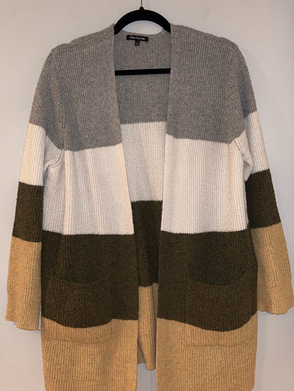 Pink Clover Colorblock Open-Front Cardigan - Gray/White/Olive/Tan